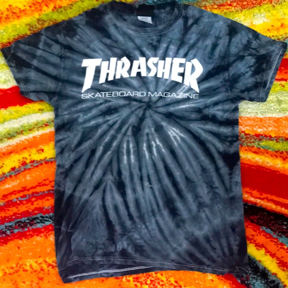 Thrasher shirt, size small, blue tie dye, slightly used no stains
